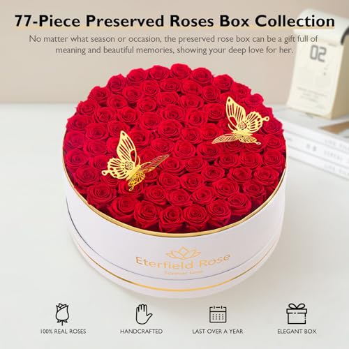 Eterfield 77-Piece Preserved Roses in a Box, Forever Flowers Roses That Last Over a Year Rose Box Flowers Gifts for Her Women Wife (Red Roses, Round White Suede Box) - Thumbnail 6