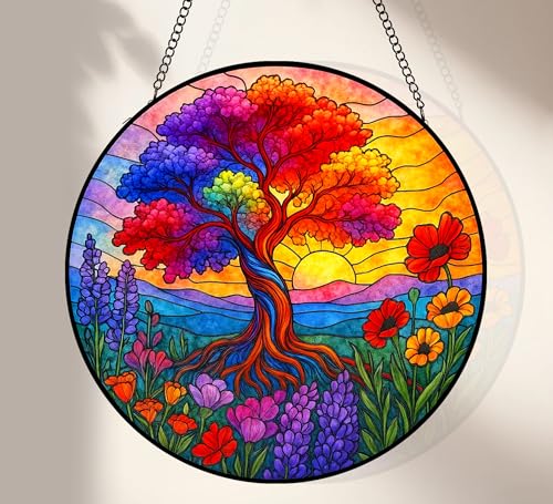 KWYADLUO 7.87 Inch Tree of Life Sun Catchers Stained Glass Gift for Lovers