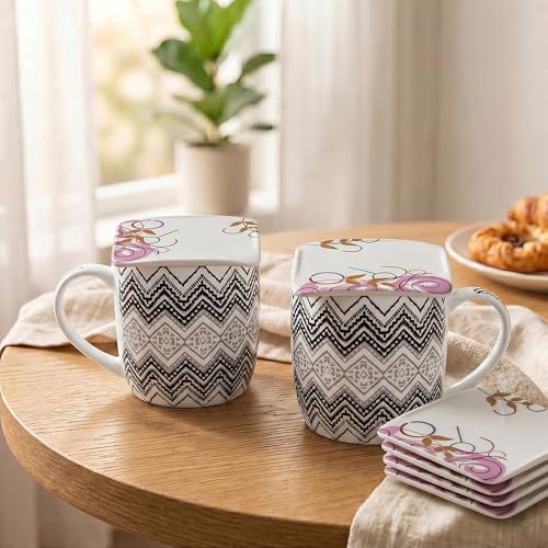 Image of U.P.C. Premium Bone China Ceramic Coffee Mug Set of 6 with 6 Coasters | Designer Tea & Coffee Cups |Printed Ceramic Mug Set | Tea Cups for Home,Office.