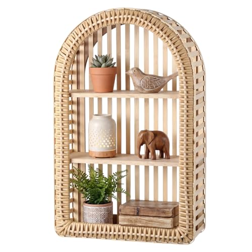 Pinkunn 20 x 12 3 Tier Rattan Wall Shelf Boho Arch Hanging Shelves Arched Wall Mounted Wicker Shelf Decorative Farmhouse Handcraft Floating Storage Display Rack for Bathroom Living Room Decor