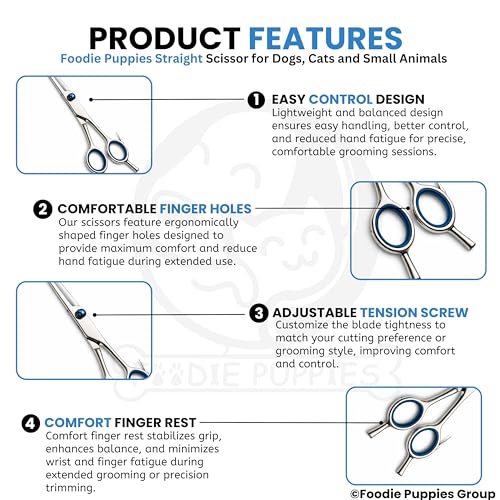 Image of Foodie Puppies Professional Straight (Silver) Dog Grooming Scissors - Stainless Steel Pet Hair Cutting Shears with Finger Rest & Ergonomic Grip for Dogs & Cats, Precision Trimming Home Use Kit