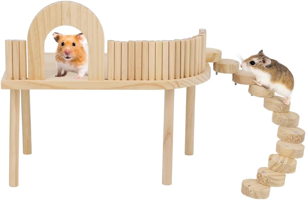 Hamster Play Stand with Climbing Ladder, Wooden Guinea Pig Playground, Small Animal Activity Station with Protective Fence
