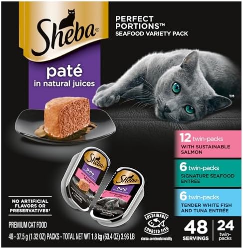 Sheba Perfect Portions Wet Cat Food Pate With Sustainable Salmon, Signature Seafood Entree, and Tender White Fish and Tuna Entree Variety Pack, 2.6 oz. Twin Pack Trays (24 Count, 48 Servings)