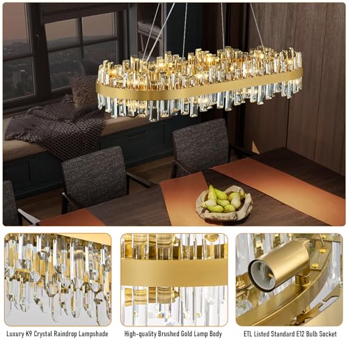 Modern Chandelier, 20-Lights 2 Tiers Gold Rectangular Chandeliers for Dining Room, 52'' Luxury K9 Raindrop Crystal Chandeliers, Adjustable Kitchen Island Chandelier for Living Room, Foyer Entryway