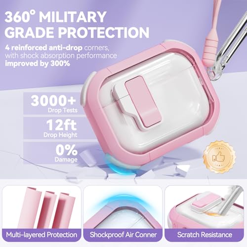 Image of Ekoonpft for AirPods Pro 3 Case with Safety Lock, Clear Case with Cleaner& Keychain Compatible with Apple AirPods Pro 3rd Generation 2025 for Women Girly, Anti-Scratch, Full Protective,Pink