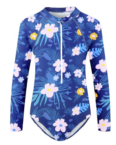 Image of Century Star UPF 50+ Girls Long Sleeve Swimsuit - Rash Guard Swimsuit Toddler Kids Teen One Piece Bathing Suit Zip 2-15Y
