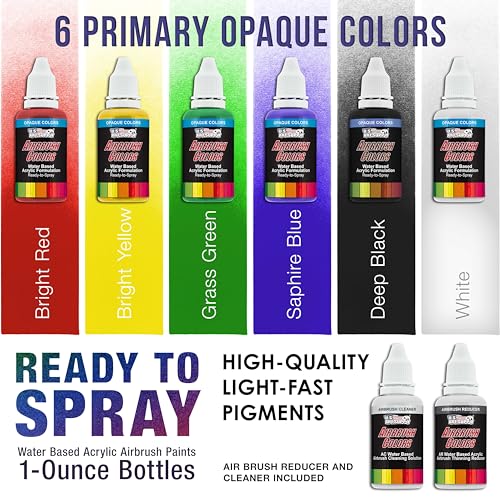 Image of U.S. Art Supply Airbrush Paint Set, 6 Color Primary Opaque, 1-oz Bottles | Ready to Spray Air brush Paint, Water-Based Acrylic with Reducer & Cleaner for Painting Metal, Plastic Models, Canvas, Wood
