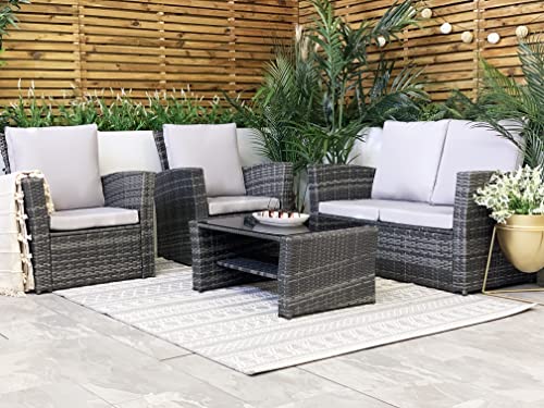 Mixed Grey Outdoor Rattan Garden Furniture Set with Grey Cushions Luxury 4 Seater Sofa with Modern Wicker Weave Chairs and Coffee Table For Conservatory, Sun Room, Patio. FREE RAIN COVER