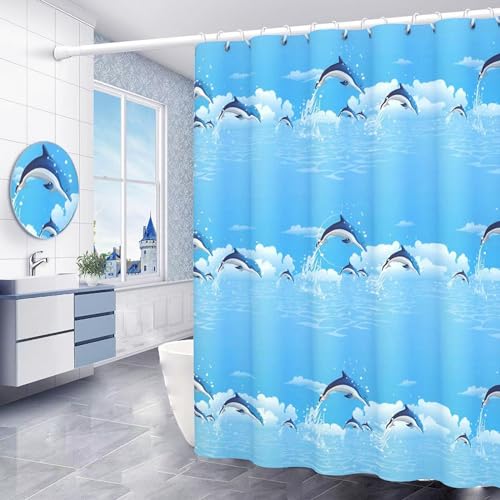 DHSWNNG Rideau de douche imperméable et résistant à la moisissure avec 14 crochets Motif dauphin Bleu 180 x 200 cm