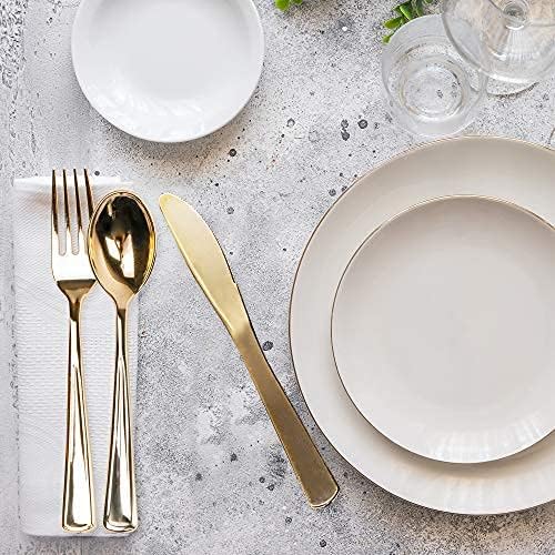 Miniatura 7 de MATANA - Juego de cubiertos de plástico dorado a granel de 180 (60 cuchillos, 60 tenedores y 60 cucharas) - Juego de cubiertos de plástico dorado