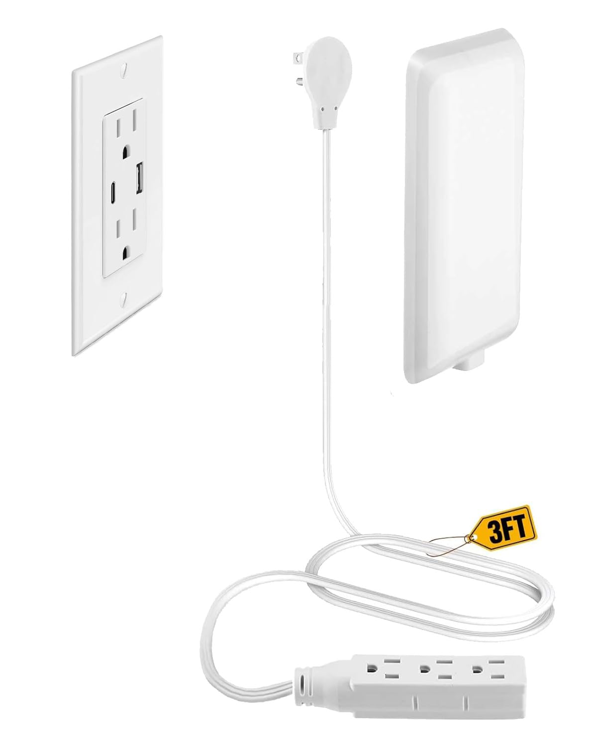Flat Plug Extension Cord 3FT with Outlet Covers Baby Proofing,Ultra Thin Outlet Concealer with 3 Outlet Power Strip Universal Size for Home,Bedroom,Kitchen,Bathroom with ETL Listed,White