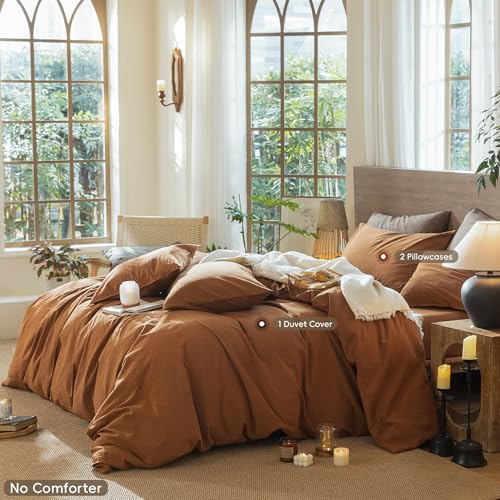 Image of MooMee Wavy Striped Duvet Cover Set 100% Washed Cotton Linen Like Textured Breathable Durable Soft Comfy (Dark Orange, Queen 90 inchx90 inch)