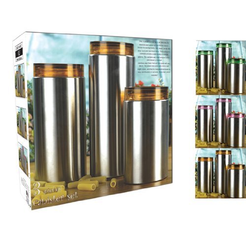 EuroWare EW65013 3pc Glass/Steel Canister Set with Assorted Color Lids