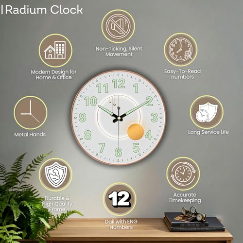 Image of WHISKET - 12 Inch | Luxury Designer Radium Wall Clock with Night Glow Numbers - Silent Analog Clock with Elegant Floral Design for Living Room, Bedroom & Office Decor. (Radium Pearl)