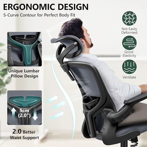 FelixKing Office Desk Chairs, Ergonomic PC Desk Chair with Wheels, Adjustable Lumbar Support and Height, Swivel Computer Chair with Flip-up Armrests, Ergo Mesh Backrest for Working (Dark Gray)