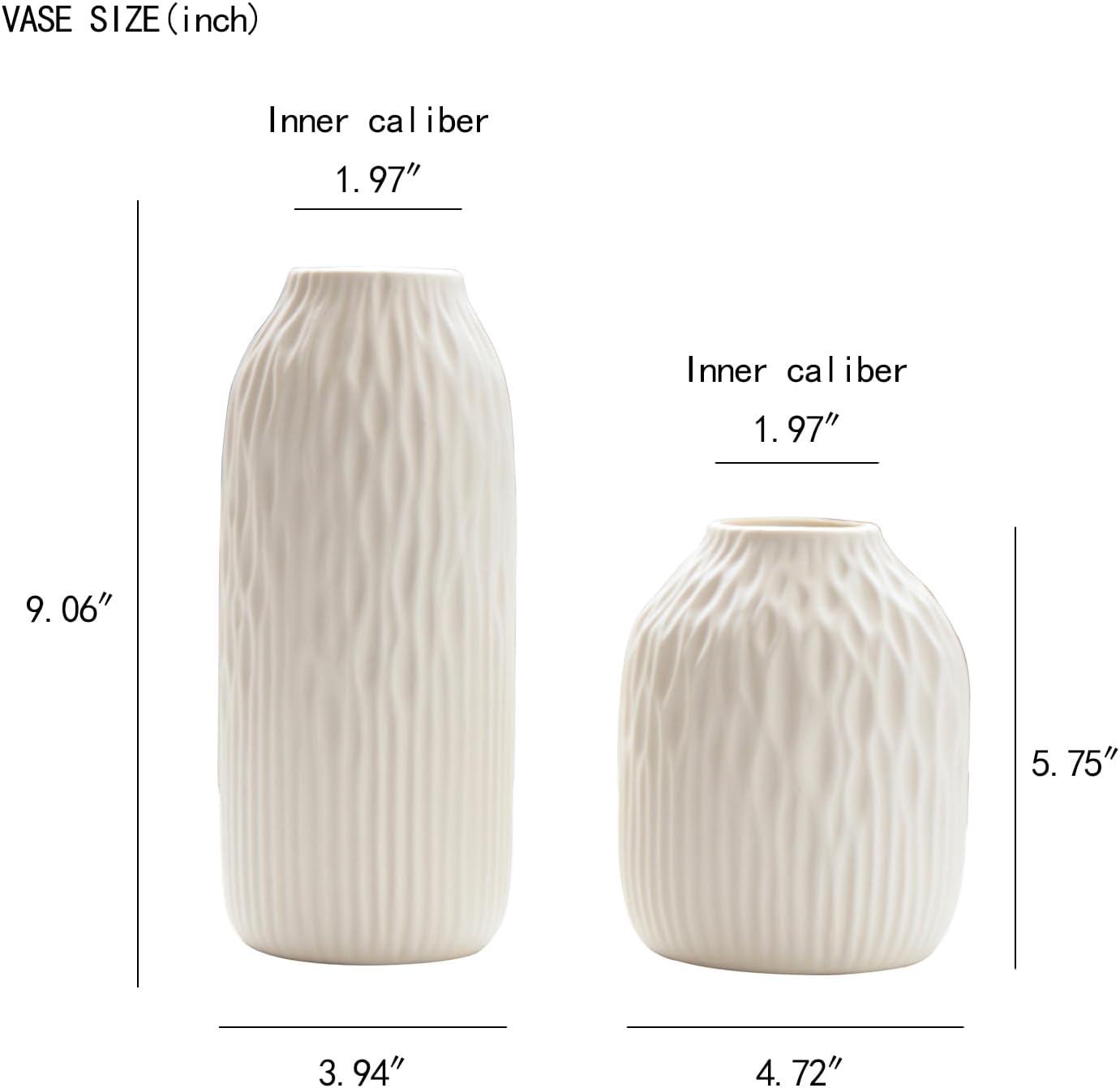 White Ceramic Flower Vase Set of 2, Porcelain Cylindrical Dried Flowers Holder, Decorating for Drawing Room/Table/Study/Office Entryway, Modern Simple Boho Style (White)