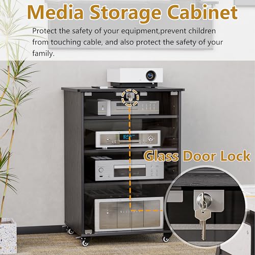 Pakasept TTEJ011 Media Storage Cabinet, Audio Video Media Stand Cabinet With 4 Shelves Height Adjustable Modern Av Cabinet With Glass Doors Lock And Brake Wheel thumb #6