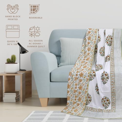Image of TOAIArt Premium Jaipuri Dohar | AC Blanket Summer Quilt | Hand Block Printed | 3 Layers | Reversible | 150GSM 100% Mulmul Cotton | 100% Cotton Flannel Filling | Queen 90 inch X 108 inch|Earthy Mugal Motif