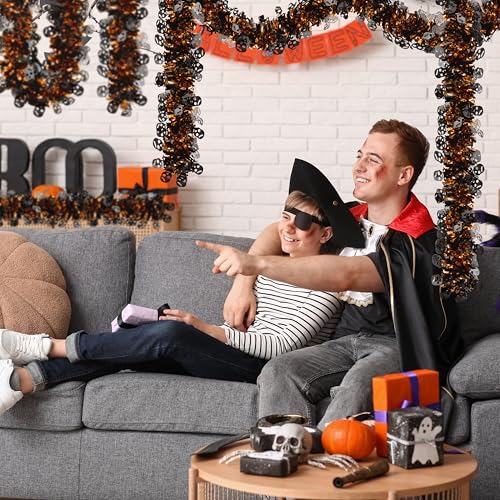 Image of 50 Ft Halloween Tinsel Garland Glitter Tinsel Garlands with Black Skull Thick Glittering Metallic Twist Garland for Halloween Indoor Outdoor Party Decorations