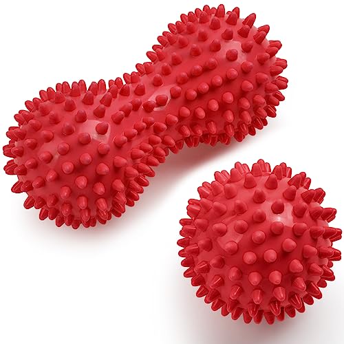 URAQT Bolas Masaje, 2 Piezas Pelota Masaje Muscular con Pinchos, Massage Balls, Masajeador de Pies y Manos para Aliviar Fascitis Plantar, Fisioterapia Cervicales, Liberación Miofascial (Rojo)