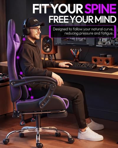 Image of Dowinx Ergonomic Gaming Chair with Footrest & Massage Lumbar, 2D-Linkage Armrests for Computer Chair 330lbs with Headrest Pillow for Office, Home, Streaming and Long Gaming Sessions, Fabric Purple