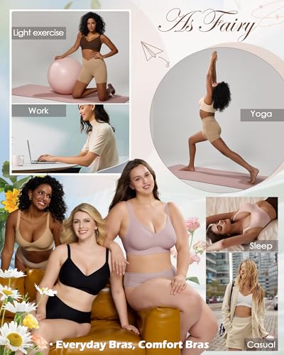 Image of As Fairy Womens Soft Comfortable No Underwire Bras V Neck Seamless Push Up Bralettes Full Coverage Tshirt Brassiere