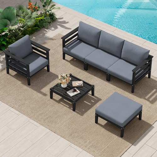 Image of SERWALL HDPE Patio Furniture Set, 6 Pieces Outdoor Sectional Sofa Set | All-Weather Wood-Like Outdoor Sofa Couch with Coffee Table, Modular Design for Flexible Combination