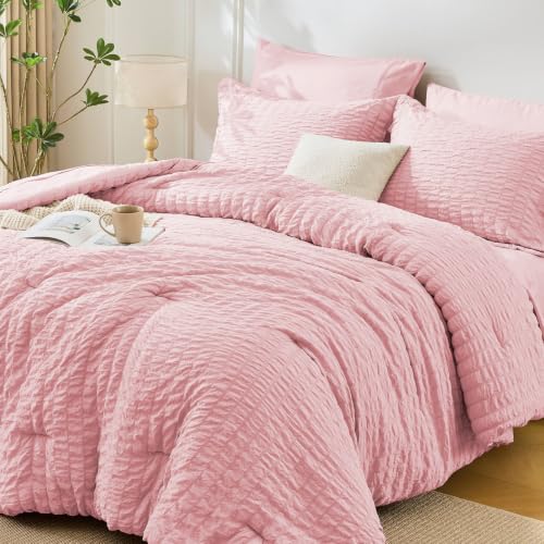 Image of MUXHOMO Pink Queen Comforter Set 7 Pieces, Seersucker Bed in a Bag Queen Size, All Season Luxury Bedding Set with Comforter, Flat Sheet, Fitted Sheet, Pillowcases & Shams