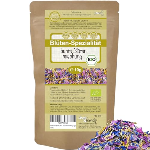 direct&friendly | Bunte Bio Blütenmischung | 10g | farbenfroher Essblüten-Mix aus Rosen- Ringelblumenblüten- und Kornblumenblütenblättern