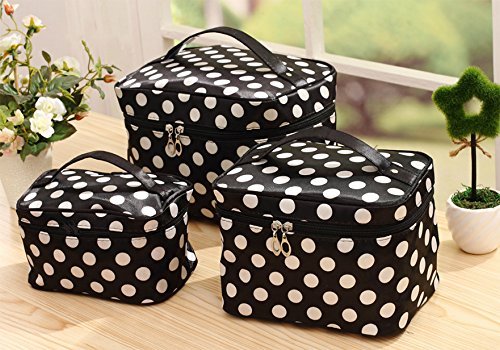 HOYOFO 3Pcs Makeup Bags for Women Polka Dot Travel Cosmetics and Toiletry Storage Bag with Brush Holders (3 Sizes/Set: S, M, L), White Dot