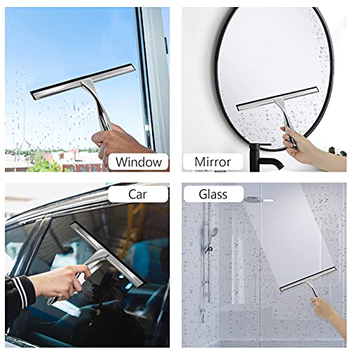 Abealv Shower Squeegee Stainless Steel Window Squeegees Non-Slip Bathroom Scraper Glass Shower Door Squeegee All-Purpose Car Wiper For Windows Kitchen And Mirror With 2 Matching Hooks Holder (10 Inch) #TOP4
