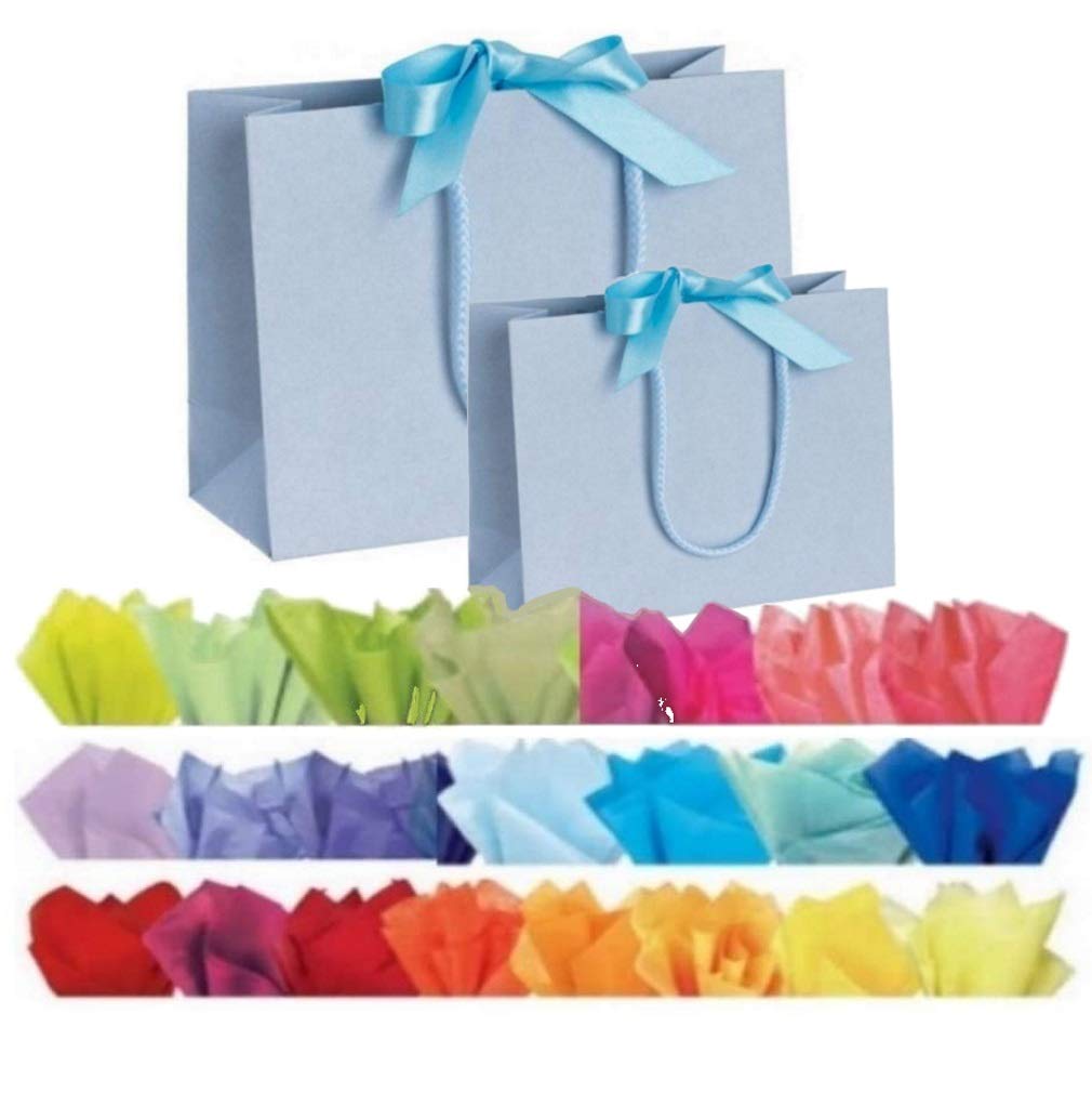 Pale Blue Boutique Luxury Shop Gift Bags & Tissue - Bridesmaid/Baby Shower Bag With Ribbon Tie - 3 SIZES (15 Bags, Pale Blue Medium)