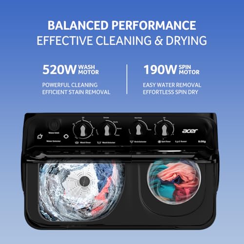 Image of Acer 8.0 Kg 5 Star Semi-Automatic Top Loading Washing Machine(AR80SAMBGL124D, Black-Grey, 4 Wash Programs, Hexa Flow Pulsator, Advanced Lint Filter)
