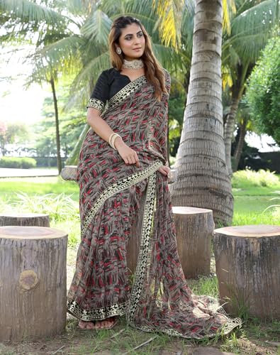 Image of Yashika Women's Georgette Saree with Lace Border |Solid Digital Printed Saree for Women