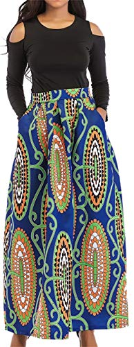 Armofy Women Sexy 2 Pieces Maxi Dresses African Floral Print A Line Solid Top Long Skirts Set