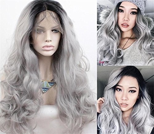 Long Wavy Synthetic Lace Front Wigs for Women Black to Silver Grey Ombre 2 Tones Body Wave Wig