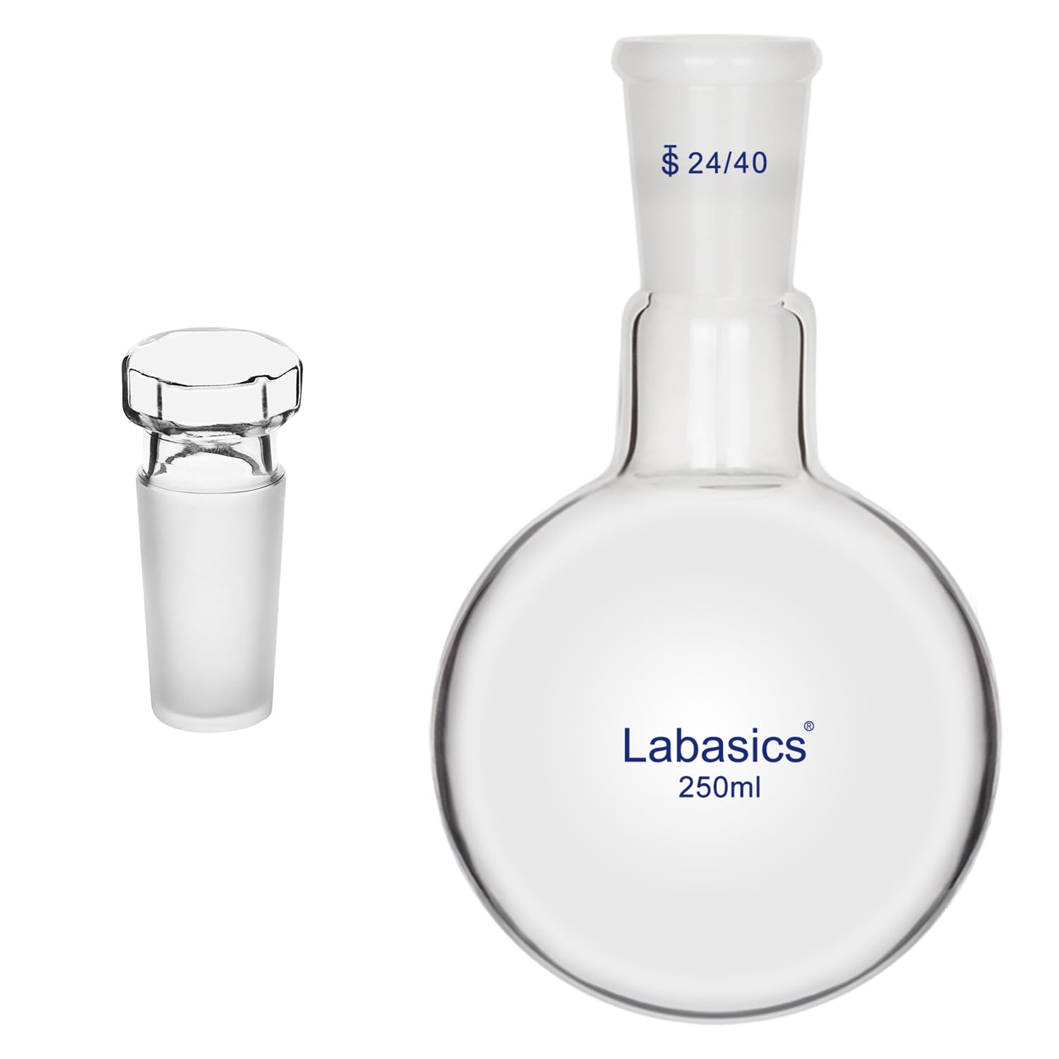 Labasics Bundle-2 Items: 250ml Glass Single Neck Round Bottom Flask and 1-Pack Glass Hex Head Hollow Glass Stopper