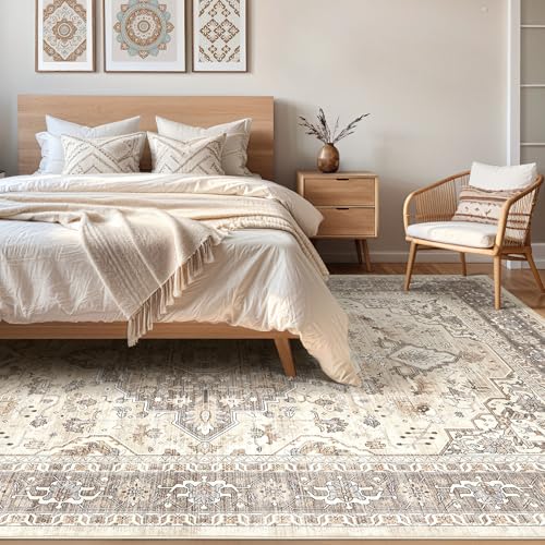 10x14Ft Area Rugs Living Room: Washable Boho Large Neutral Vintage Soft Rug Stain Resistant Farmhouse Non Slip Indoor Floor Carpet for Bedroom Nursery Kids Playroom Office Dining Room- Beige Brown