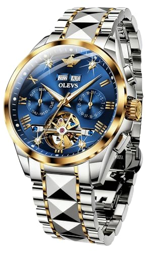 Image of OUPINKE Tungsten Analog Watch For Men Automatic Skeleton Tourbillon Self Winding Movement Sapphire Crystal Waterproof Luminous Month Year Window Wrist Watch, Blue