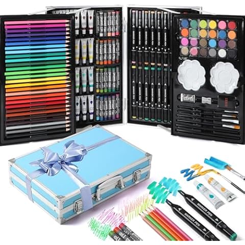 131 Pcs Art Supplies for Kids, Art Kit with Portable Aluminum Case, Deluxe Art Set with Colored Pencils, Pastels, Paints, Markers, Crafts Drawing Present for Kids Adults Beginners Artists, Blue Cover