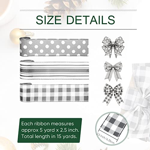Grey Wired Edge Ribbon Plaid Ribbon 3 Rolls 2.5 Inch Farmhouse Ribbon Buffalo Check Gray Ribbon Polka Dot Striped Ribbon Buffalo Plaid Ribbon Wire Ribbon For Diy Crafts Gifts Wreath Bow, 15 Yards #TOP1