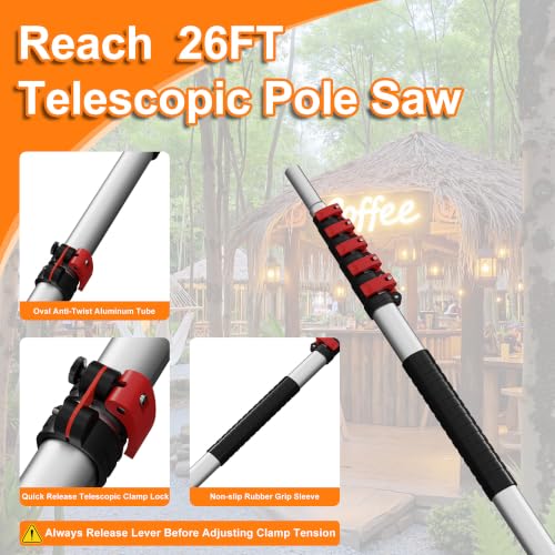 Image of AgiiMan 26FT Reach Tree Trimmer, Oval Telescopic Pole Saw with 5-20FT Extension Pole, Double-Hook Saw Tree Pruner Extendable for High Tree Branch Trimming Pruning Yard Orchard Fruit Palm Shrub Cutting