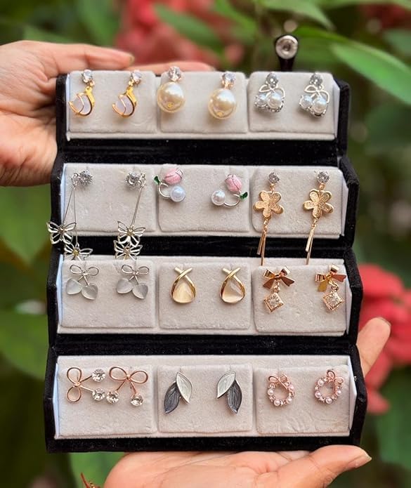 Image of Korean Designer Stud Earrings Set with Folding Jewelry Organizer Box | 12 Pairs Trendy Korean Style Stud Earrings for Women & Girls | Random Designs & Colors | Fashion Jewelry Gift Set with love note.
