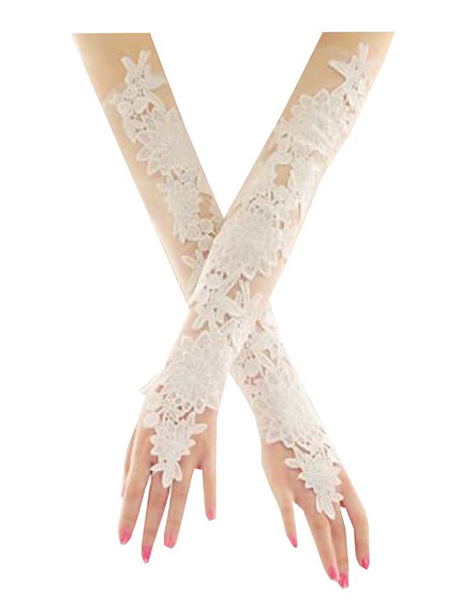 Women Bridal Long Lace Gloves, Elbow Fingerless Dress Gloves Wedding Party Prom Costume, White