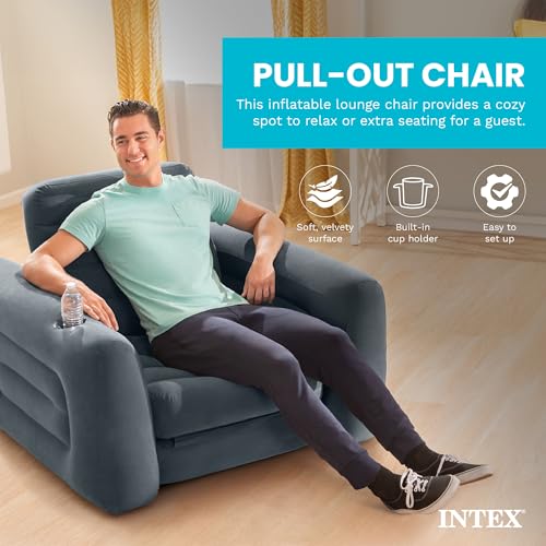 Image of Intex Inflatable Pull-Out Sofa: Velvety Surface, 2-in-1 Valve, Cupholder, 46 inch x 88 inch x 26 inch - Blow-Up Couch and Folding Queen Size Air Mattress Bed