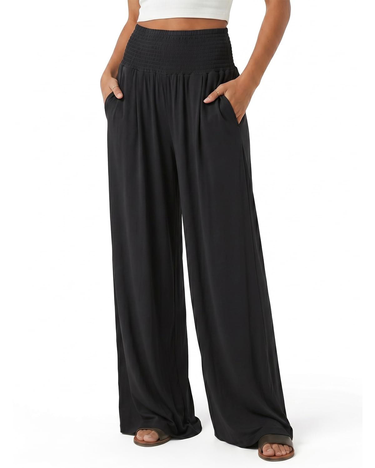 Zylioo Pantaloni alti da donna a palazzo a gamba larga con elastico in vita ampia pantaloni estivi da spiaggia con tasche