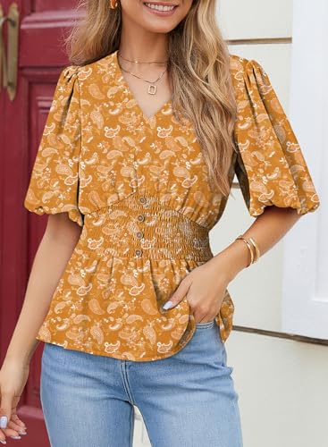Dokotoo Womens Floral Print Ruffle Half Sleeve Blouses V Neck Decorative Buttons Elastic Waist Casual Summer Tops3