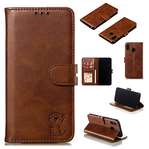 Robinsoni Case Compatible with Samsung Galaxy M20 Retro Leather Wallet Cover with Card Holder Slots Cat Printed Folio Flip Book Cover TPU Silicone Inner Case Kickstand Magnetic Closure Case, Brown