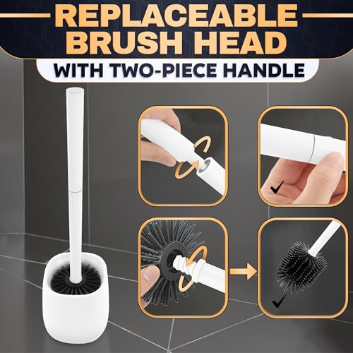 Image of Toilet Brush and Holder Set - Silicone Toilet Bowl Brush with White Holder Base, Compact Bath Accessory for Small Spaces - Easy to Place and Simple to Store After Use, Plastic Bathroom Cleaning Tool
