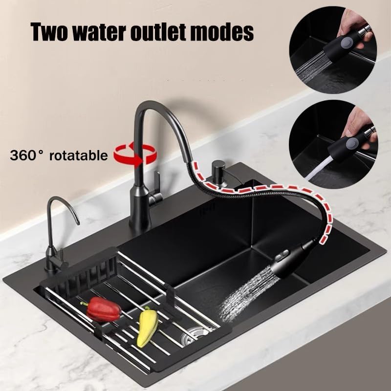 Miniatura 3 de Fregadero de cocina negro con grifo, cuenco individual de acero inoxidable profundo, fregadero con estación de trabajo de granja con múltiples